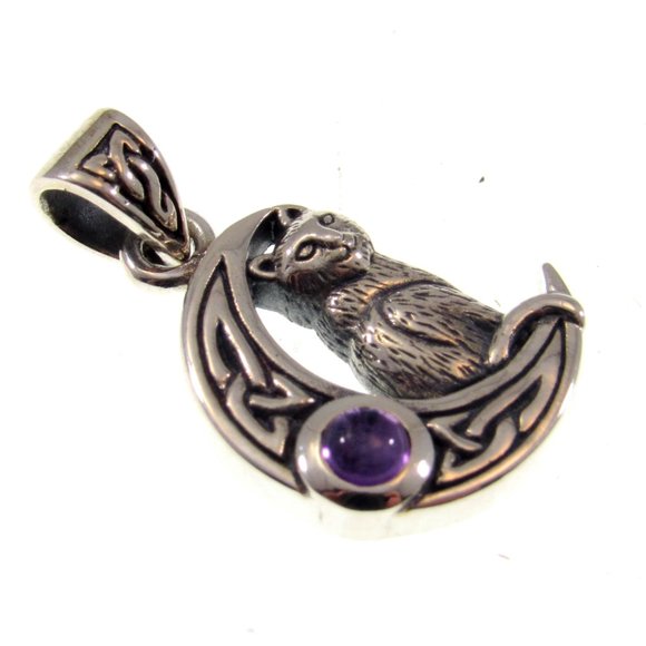 Solid 925 Sterling Silver Celtic Crescent Moon Cat Pendant Amethyst or Moonstone - Picture 9 of 11